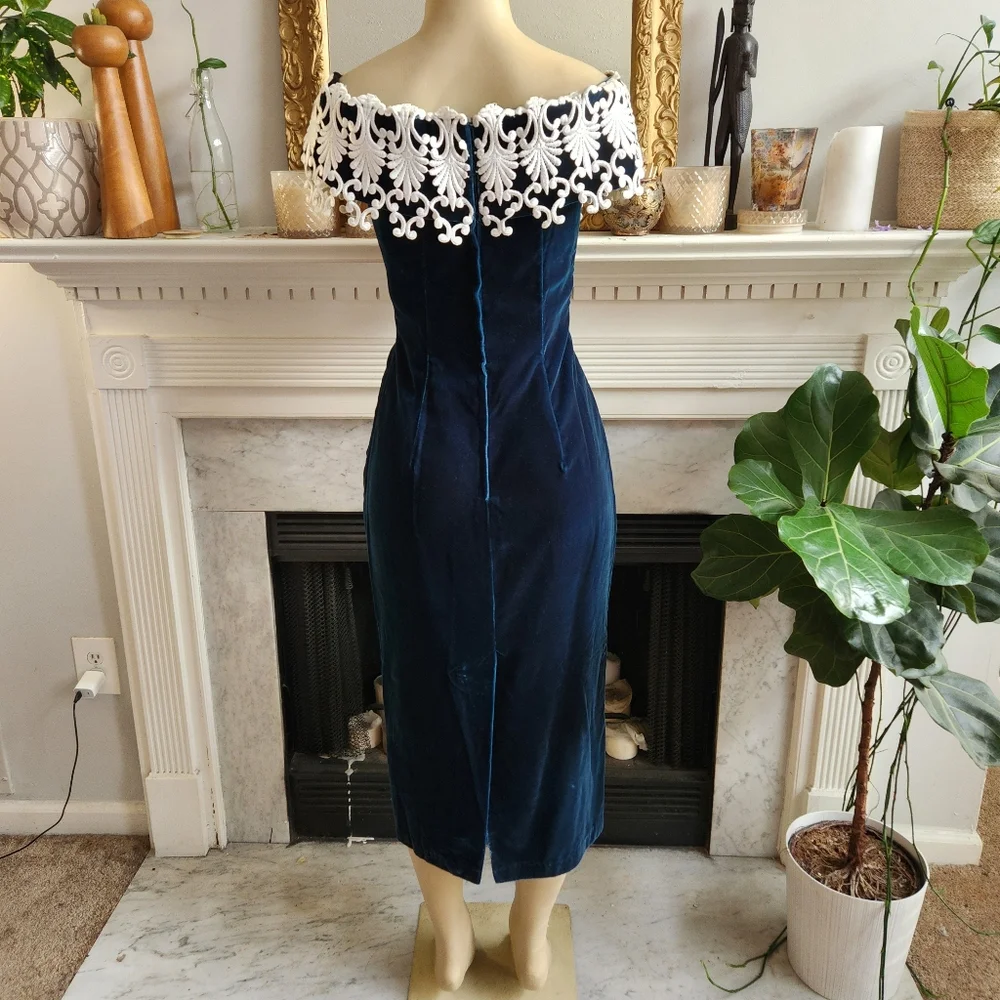 Jessica McClintock 90s Green Velvet Dress Size 10 Lace Cocktail Prom Gothic - Picture 8 of 11
